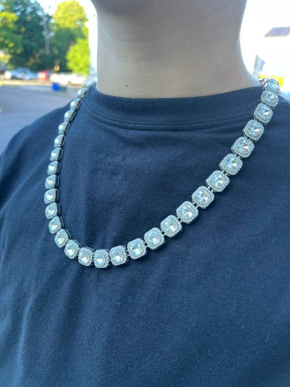 Silver-Tone Simulated Diamond Rhinestone Tennis Chain Necklace Prong Set
