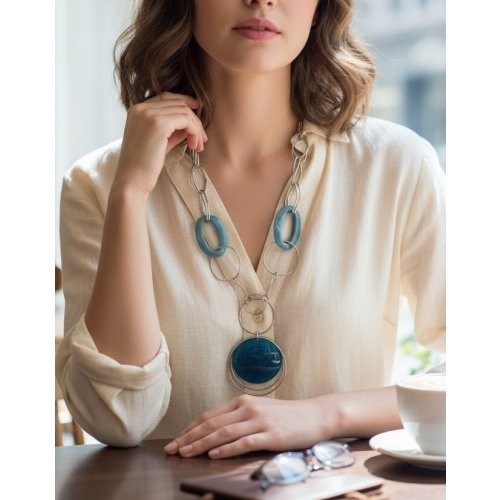 Silver Plated and Blue Resin Geometric Necklace and Pendant