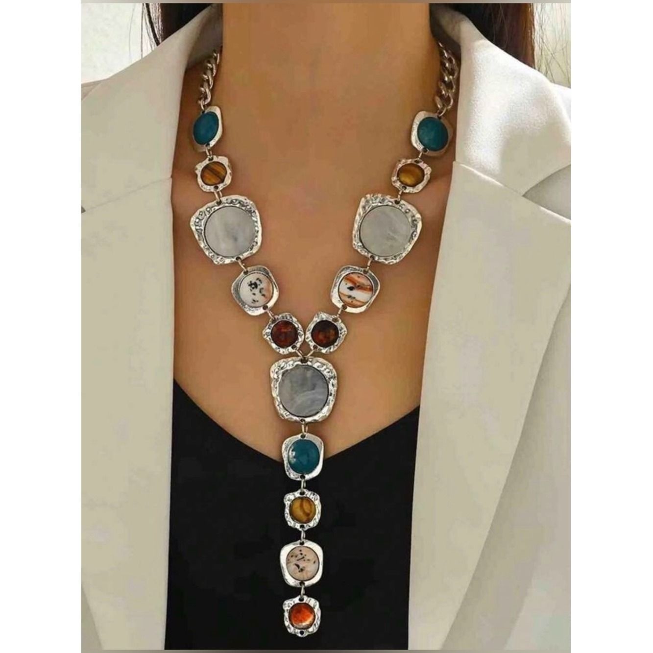 Statement Silver-Tone Multi-Stone Pendant Necklace