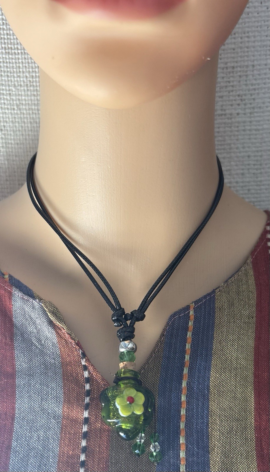Green Glass Flower Charm Pendant Black Cord Necklace Adjustable No Clasp