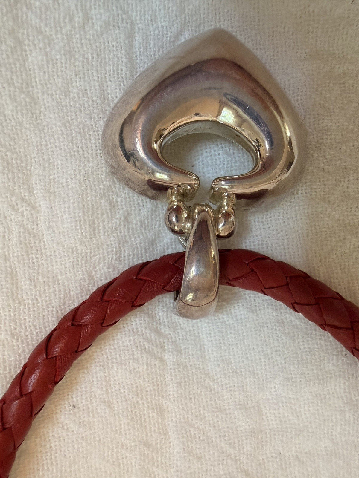 Joseph Esposito sterling silver heart on red leather braided cord necklace.