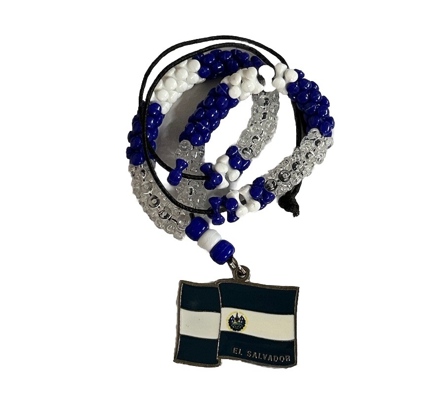 EL-SALVADOR FLAG COLOR Necklace Pendant With 14” BEADED In Leather String