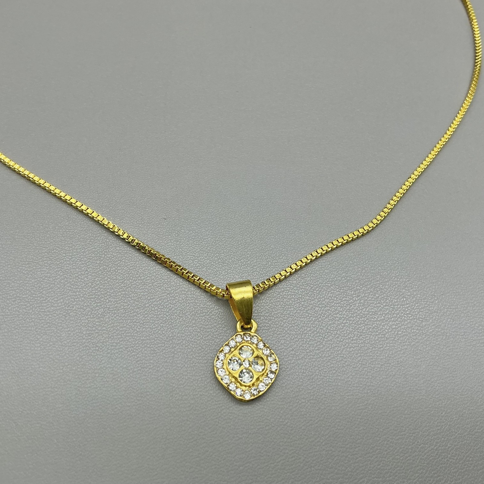 Necklace Gold Tone Box Chain Square Clear Stone Pendant Statement Womens Jewelry