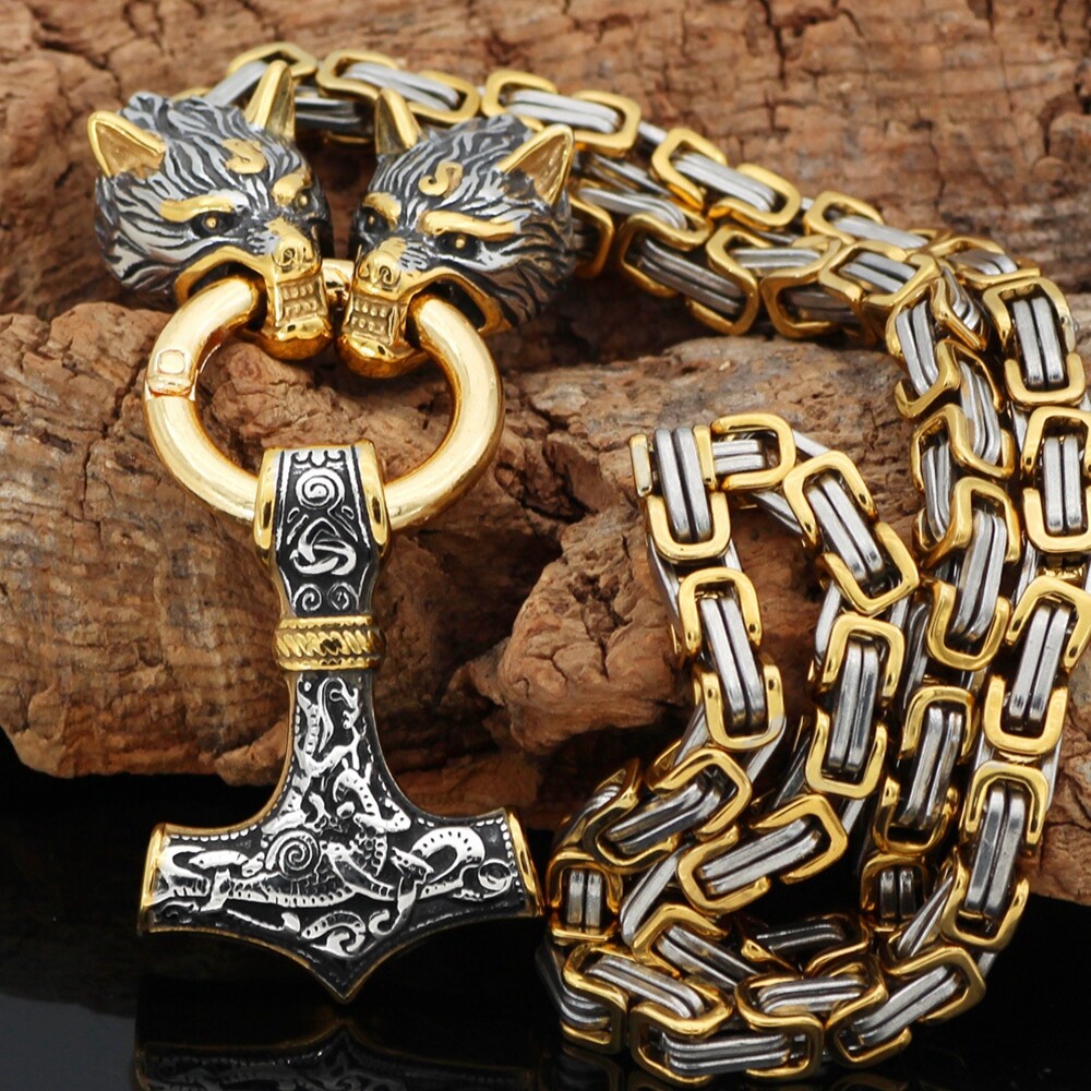 Men Viking Stainless Steel Wolf Thor Hammer Pendant Necklace Norse Mjolnir Odin