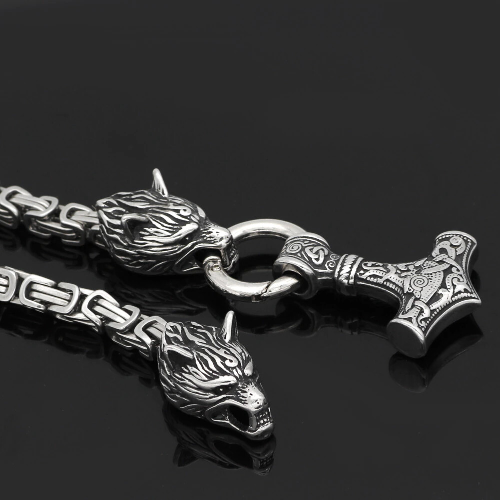 Men Viking Stainless Steel Wolf Thor Hammer Pendant Necklace Norse Mjolnir Odin