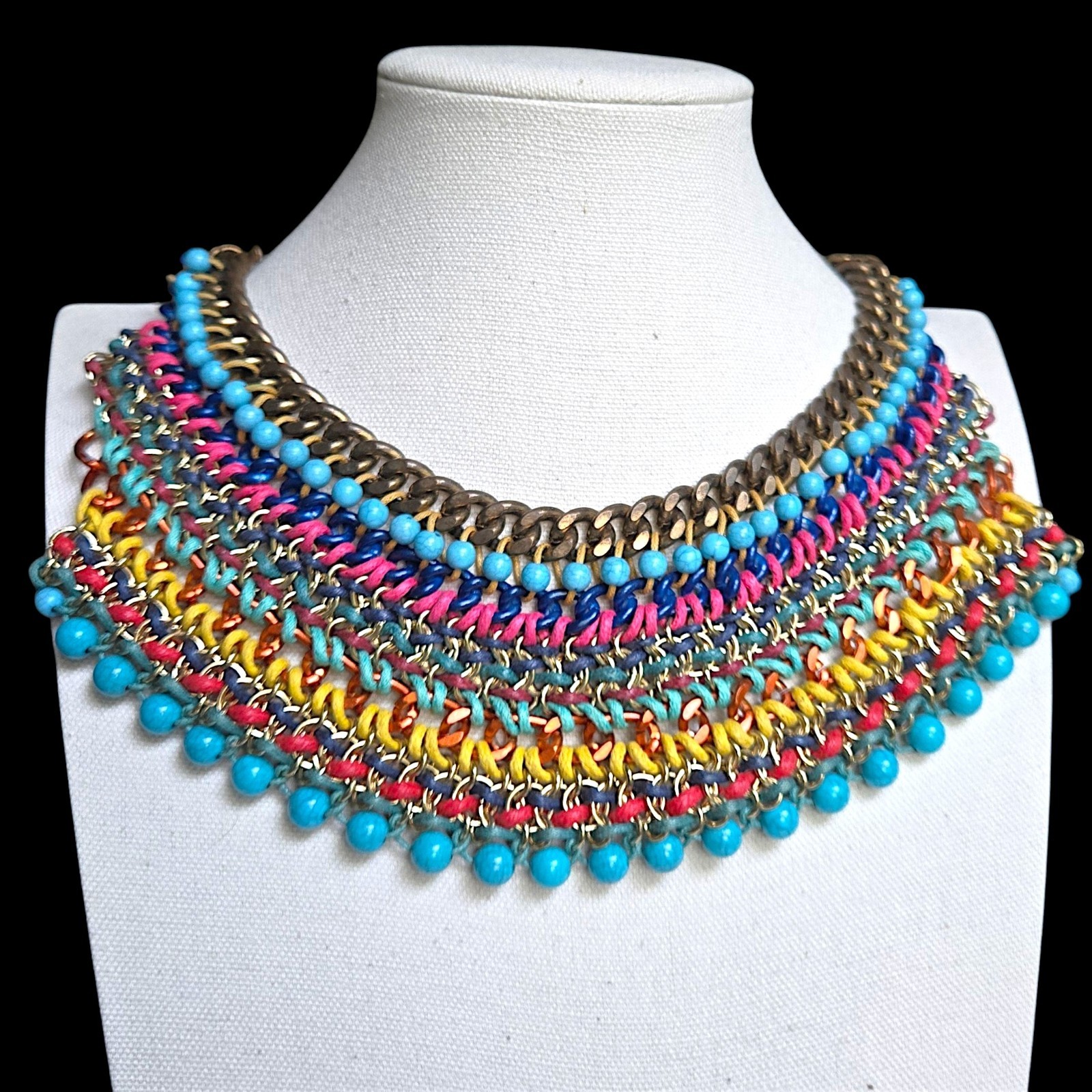 Aldo Multicolor Woven Cord Bib Necklace Mixed Metal Chain Beaded Boho 18″