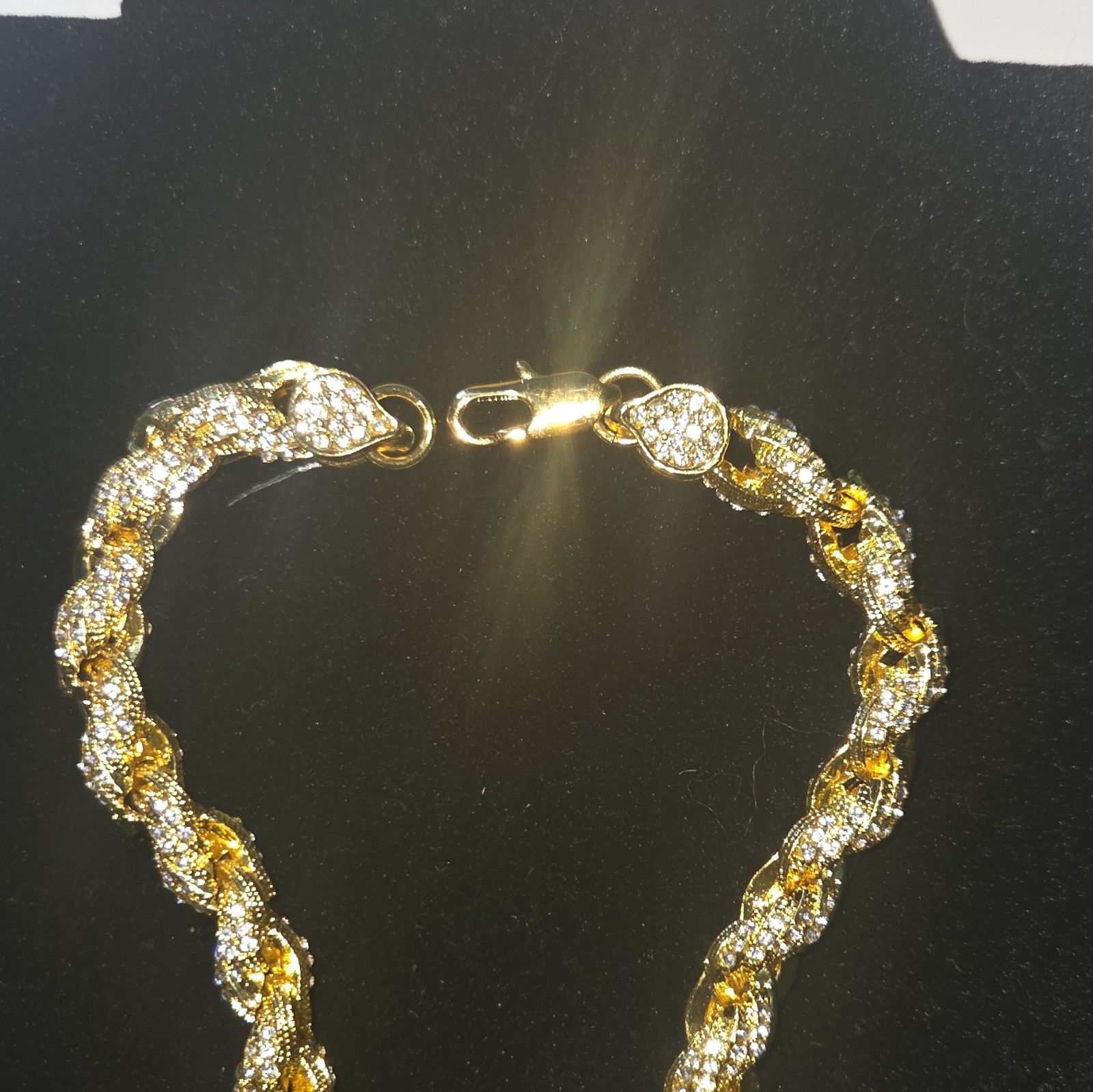 Gold Tone Rope Chain Necklace Clear Stones Rhinestones Lobster Clasp
