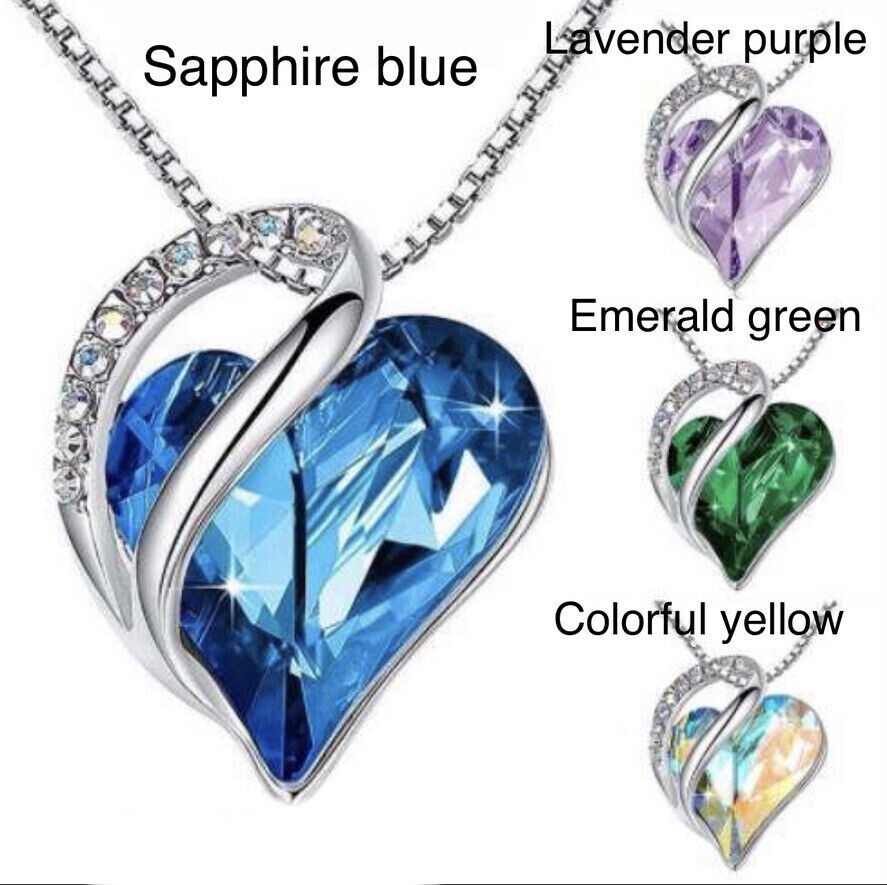 Birthstone Crystal Heart Shape Pendants Stainless Steel Necklace Women Girls