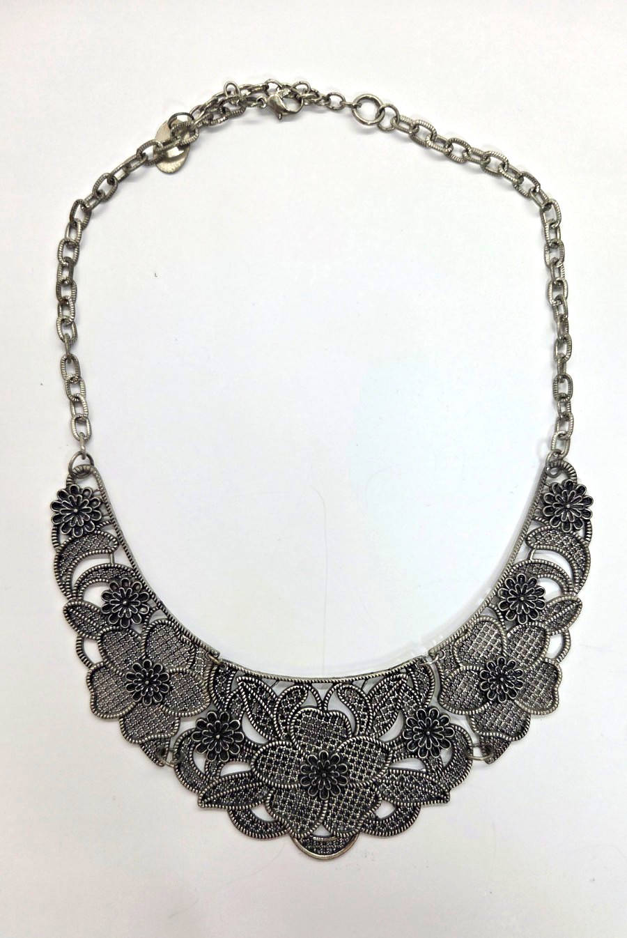 ZAD Silver Tone Floral Filigree Bib Collar Statement Necklace Lobster