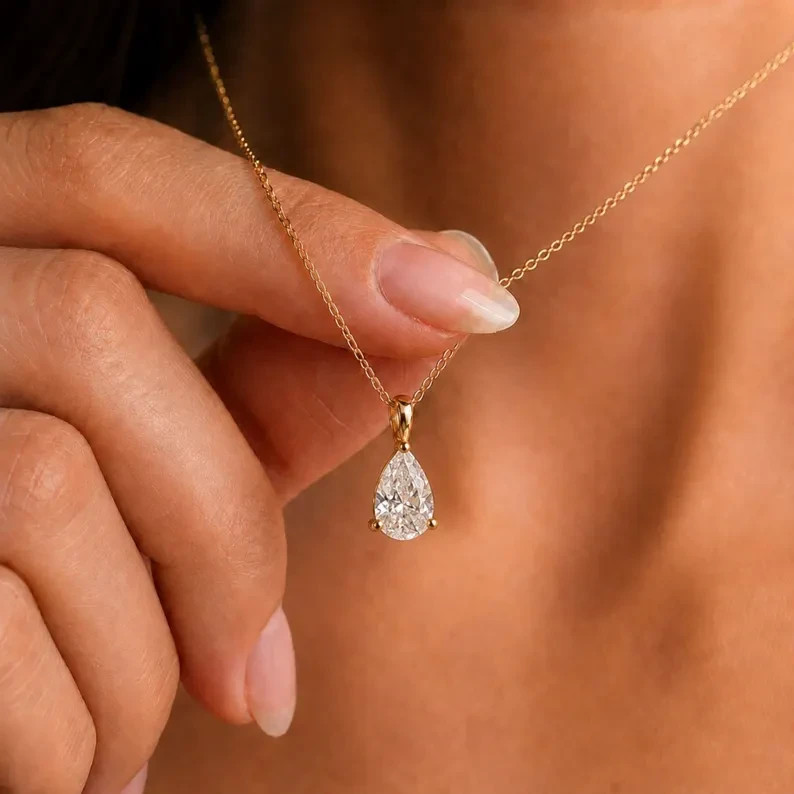 Solitaire Pendant Necklace Pear Cut Simulated Diamond In 14k Yellow Gold Plated
