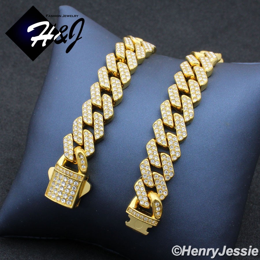 16″-40″MEN Stainless Steel Full CZ 10/12mm Gold Plated Miami Curb Necklace*GN171