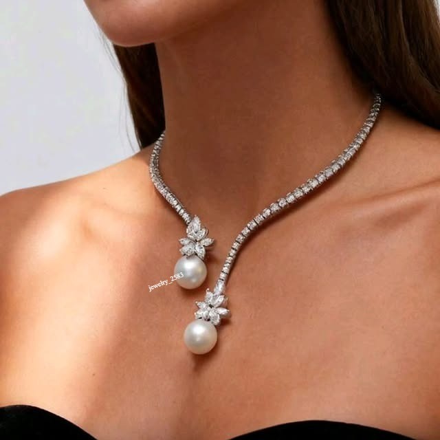 Valentine Simulated Diamond Luxury Party Wear Pearl Lariat 18″ Necklace 925 SS