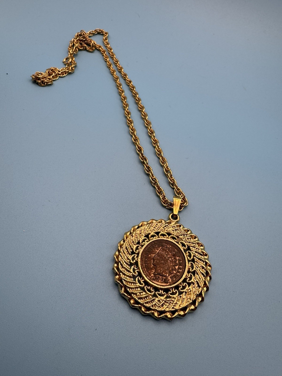 Gold Plated Indian Head Penny Coin 1902 mounted on medallion Necklace