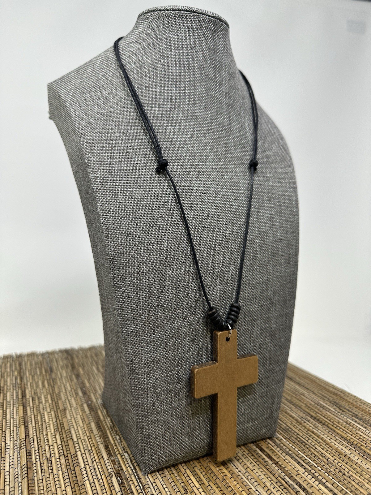 Wooden Cross Necklace 3in Brown Pendant Adjustable 16‑30in Sliding Knots Unisex