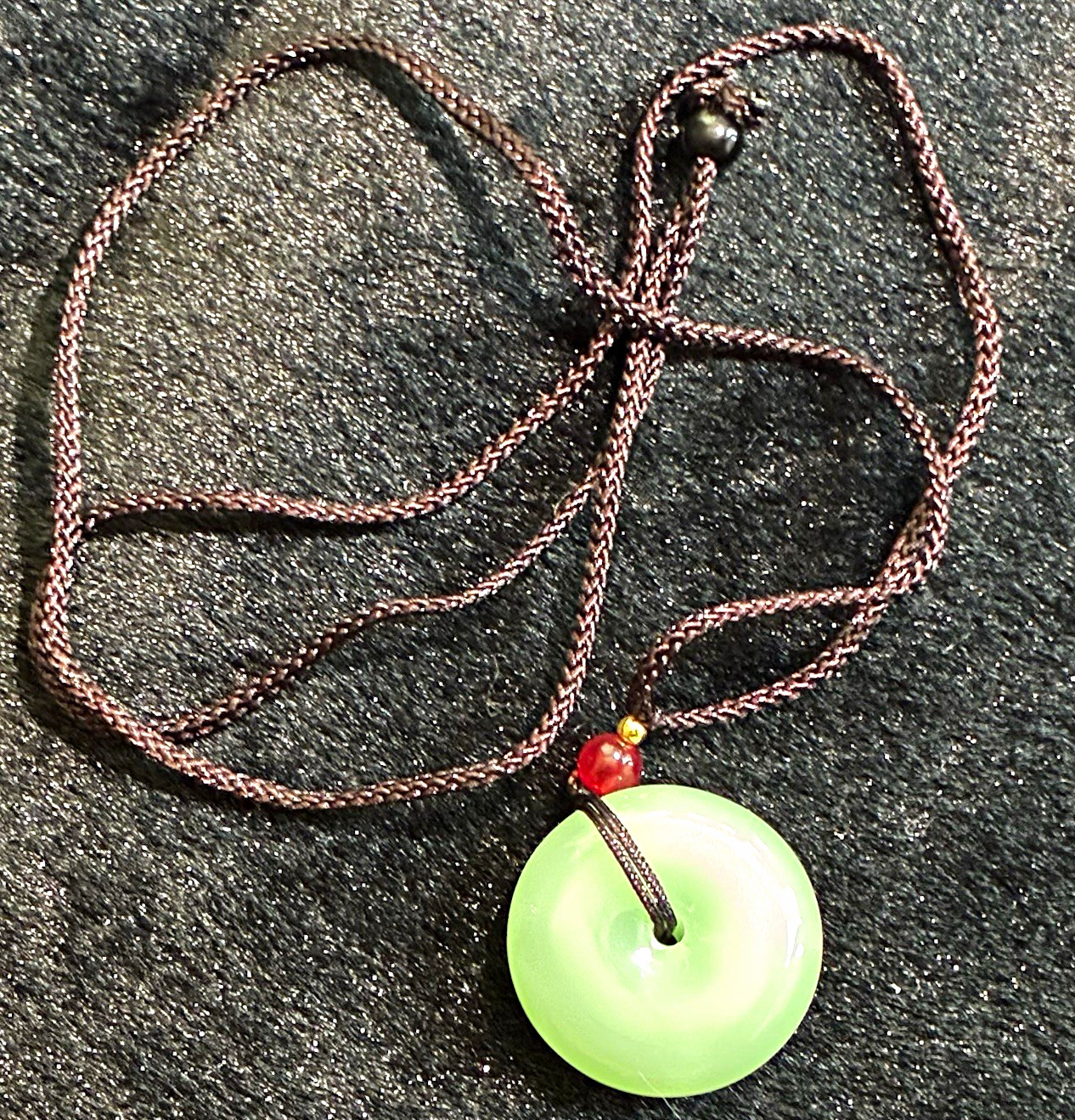 Green Stone Donut Amulet Pendant Necklace on Cord, Adjustable Slide Closure