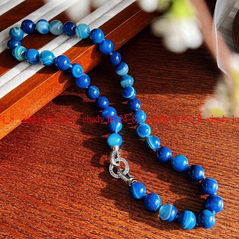 Exquisite Blue Strip Agate 6/8/10/12mm Round Gemstone Necklace Silver Clasp 18″