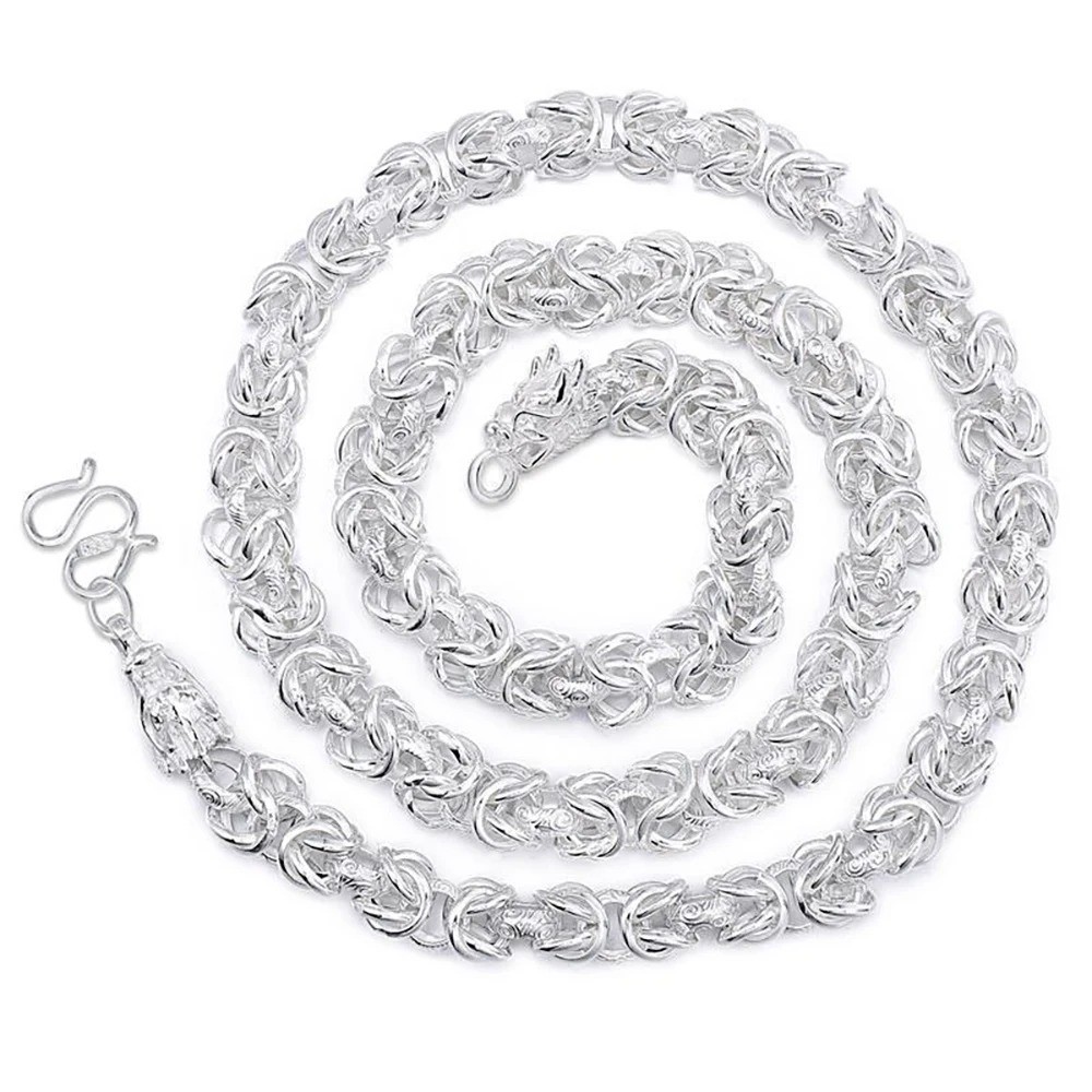 Men’s 925 Sterling Solid Silver Necklace Classic Round Faucet Dragon Jewelry