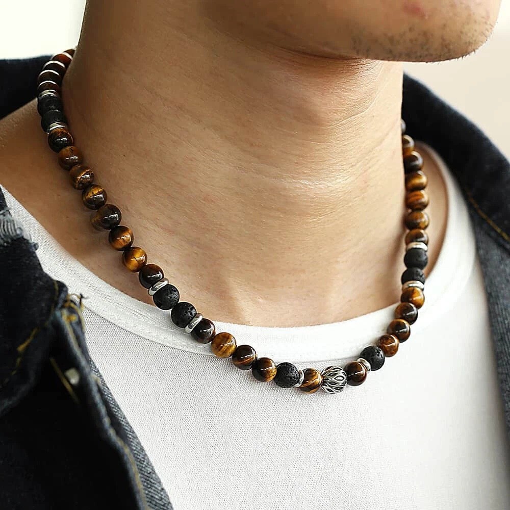 24″ Men’s 8mm Natural Tiger Eye Lava Bead Necklace Stainless Steel Toggle Gift