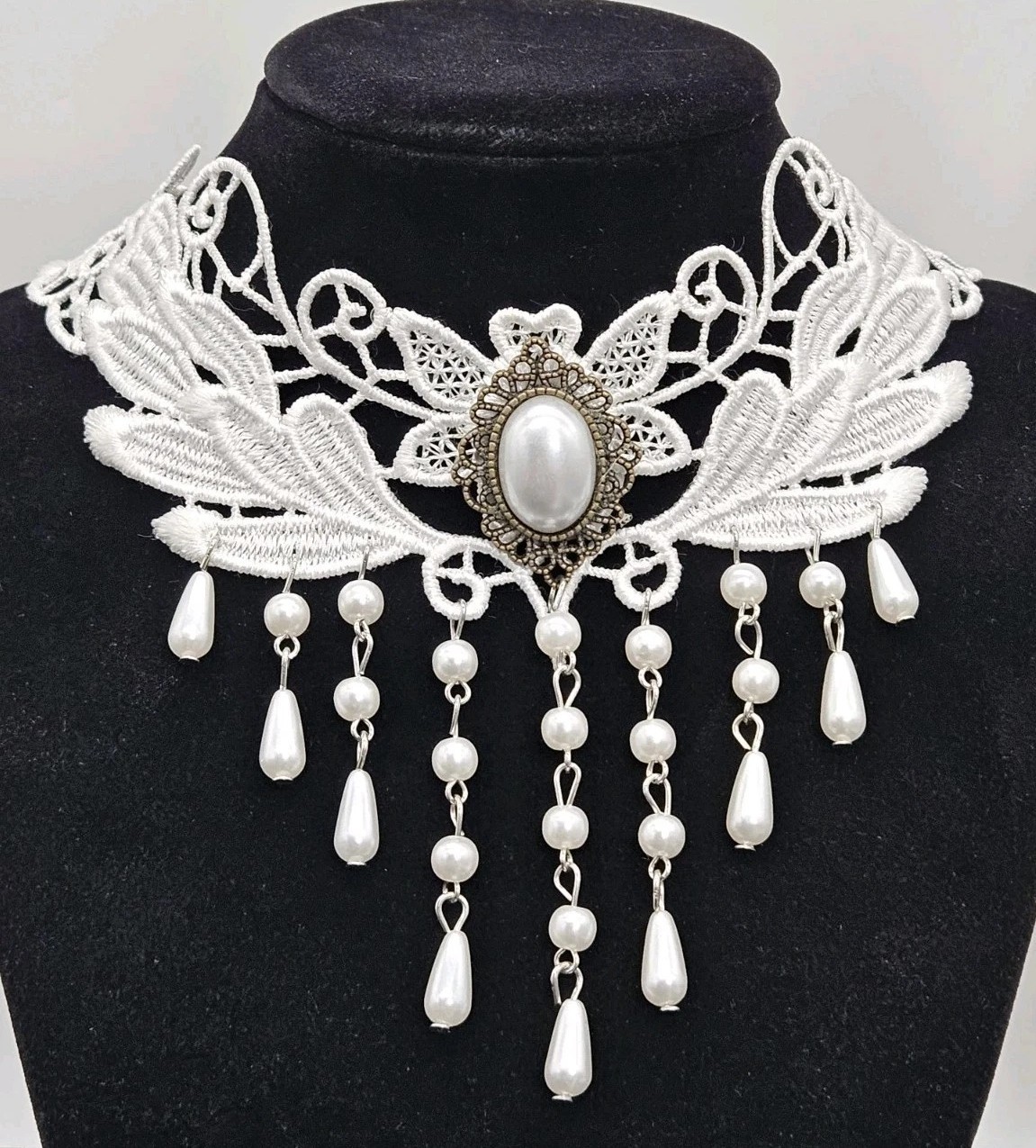 Women’s Fashion Jewelry White Flower Simulated Pearl Pendant Lace Choker RA 1027