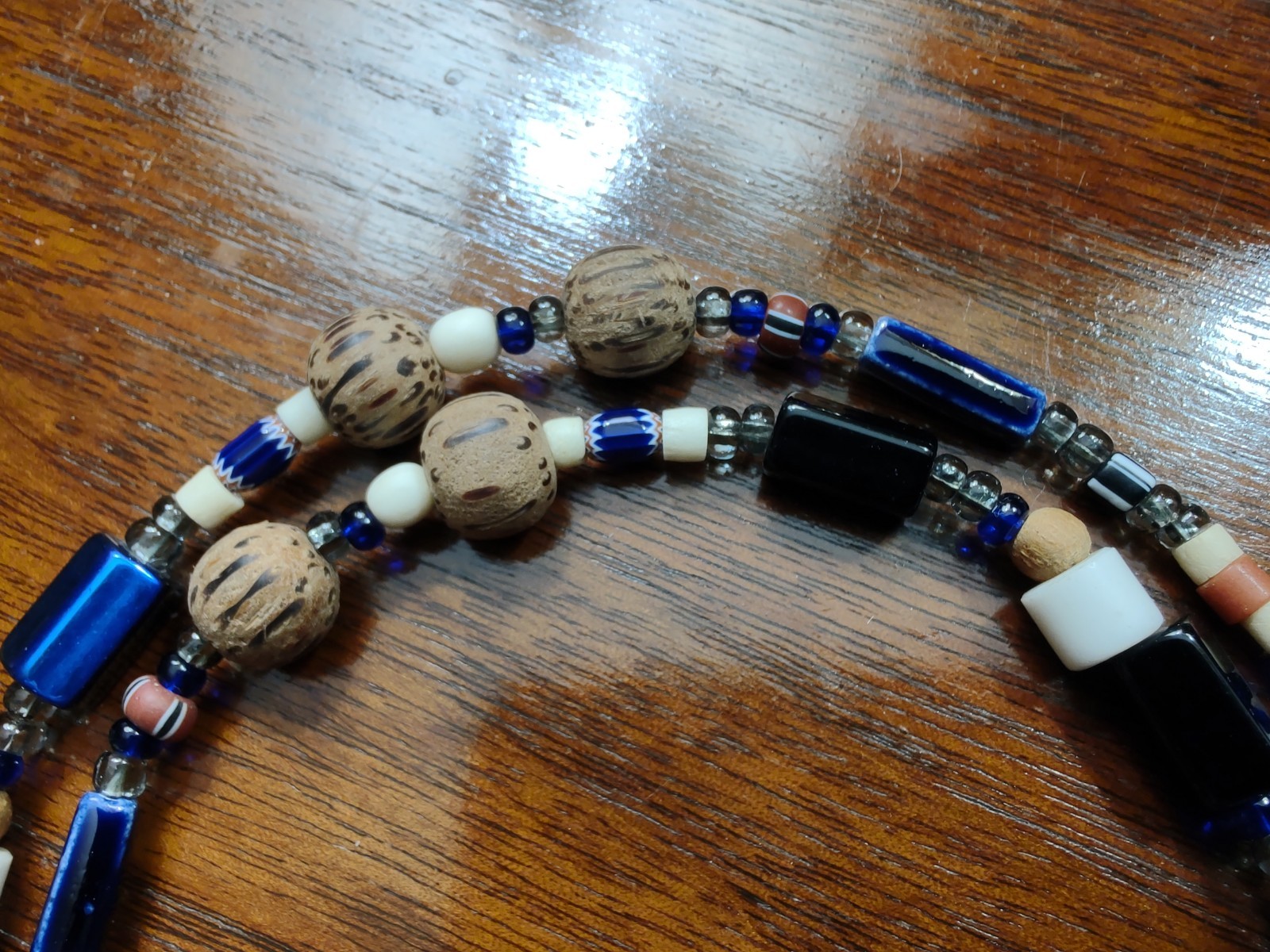 Vintage Homemade Boho Ethnic Beaded Necklace, Glass, Wood, Brass Bell.
