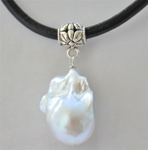 17″ 25mm WHITE baroque keshi reborn pearl pendant leather necklace