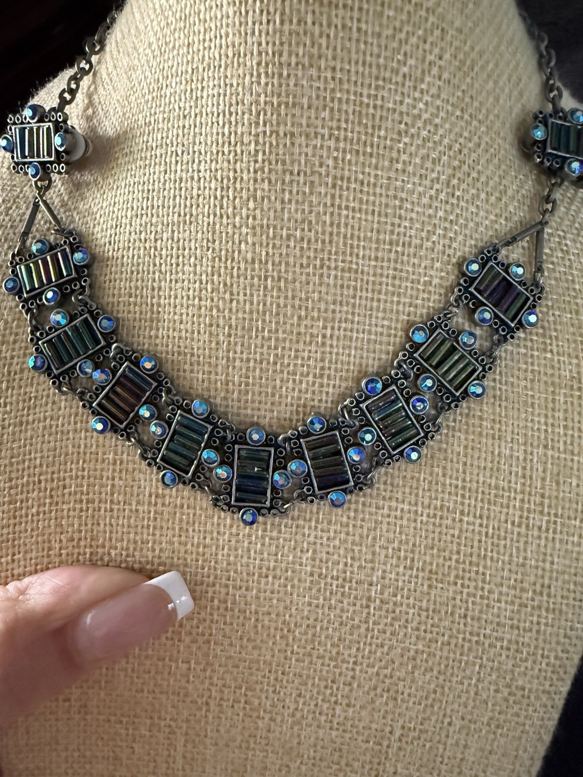 Silver Tone Blue & Multicolor Crystal Statement Bib Necklace Adjustable Lobster