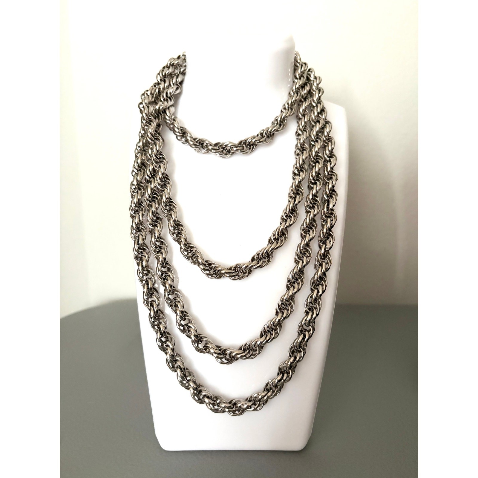 Vintage MONET 60″ Heavy Braided Chain Chunky Silver Tone Rope Necklace