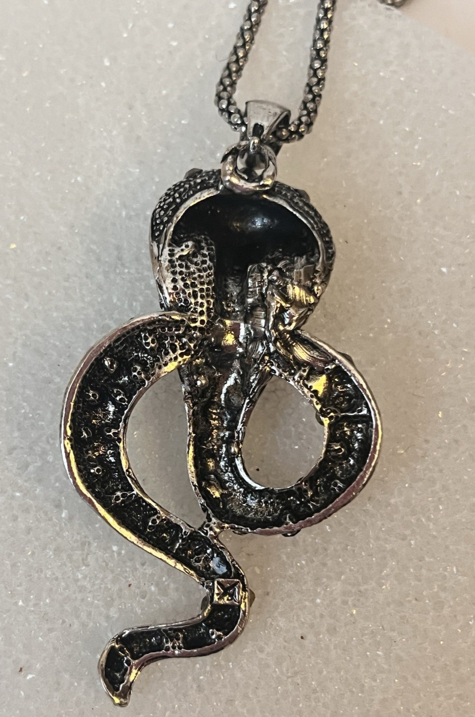 King Cobra Snake Pendant Necklace Black Rhinestones Adorned 28 Inch Adjustable