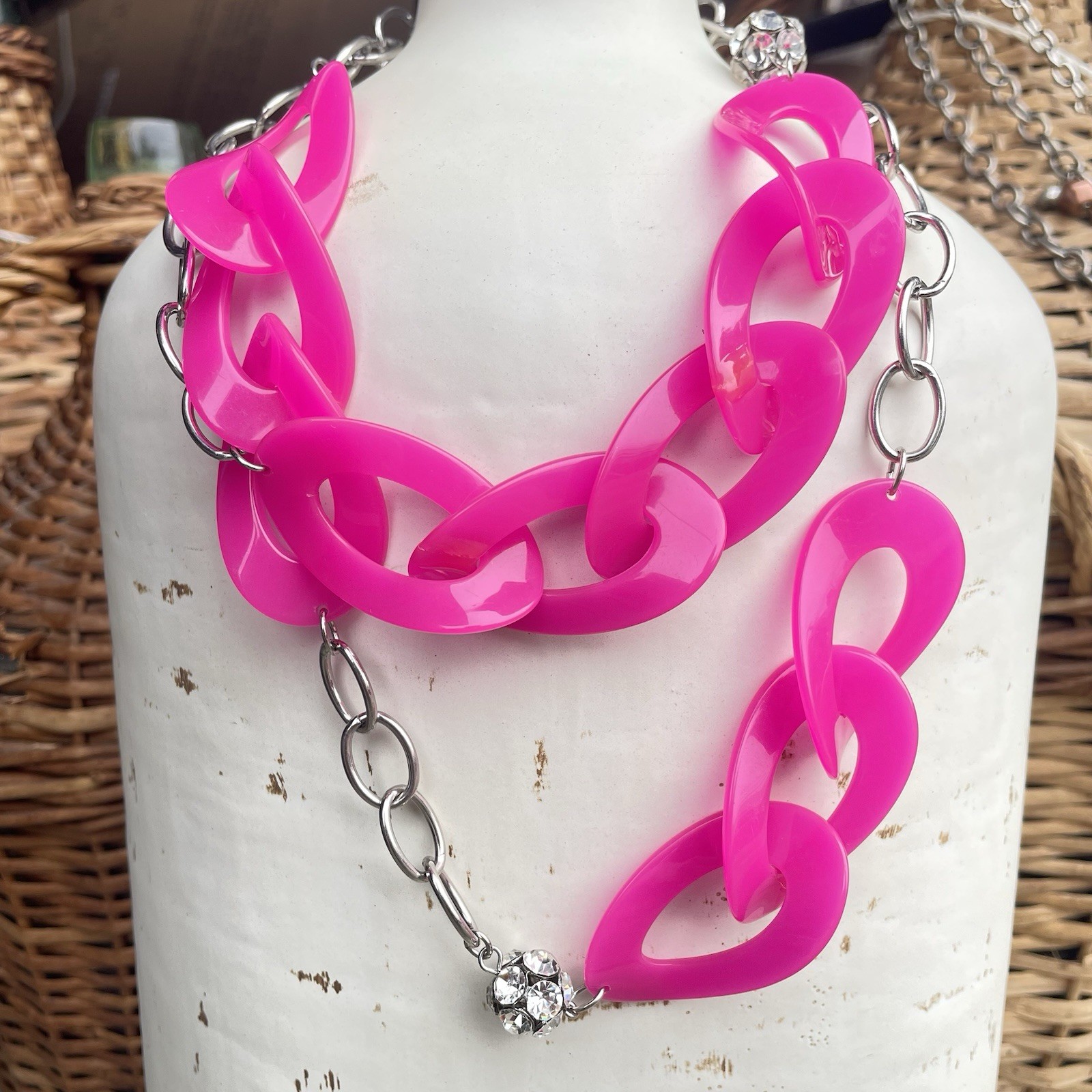 2-in-1 Hot Pink Acrylic Chain Link Belt Necklace Convertible Chunky Statement
