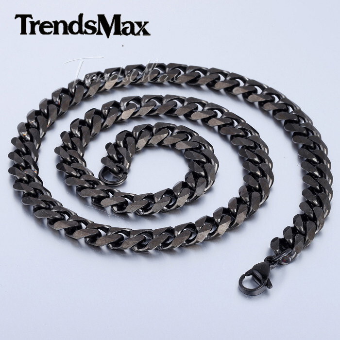 11mm Mens Chain Black Tone Curb Cuban Link Stainless Steel Necklace 18-28inch