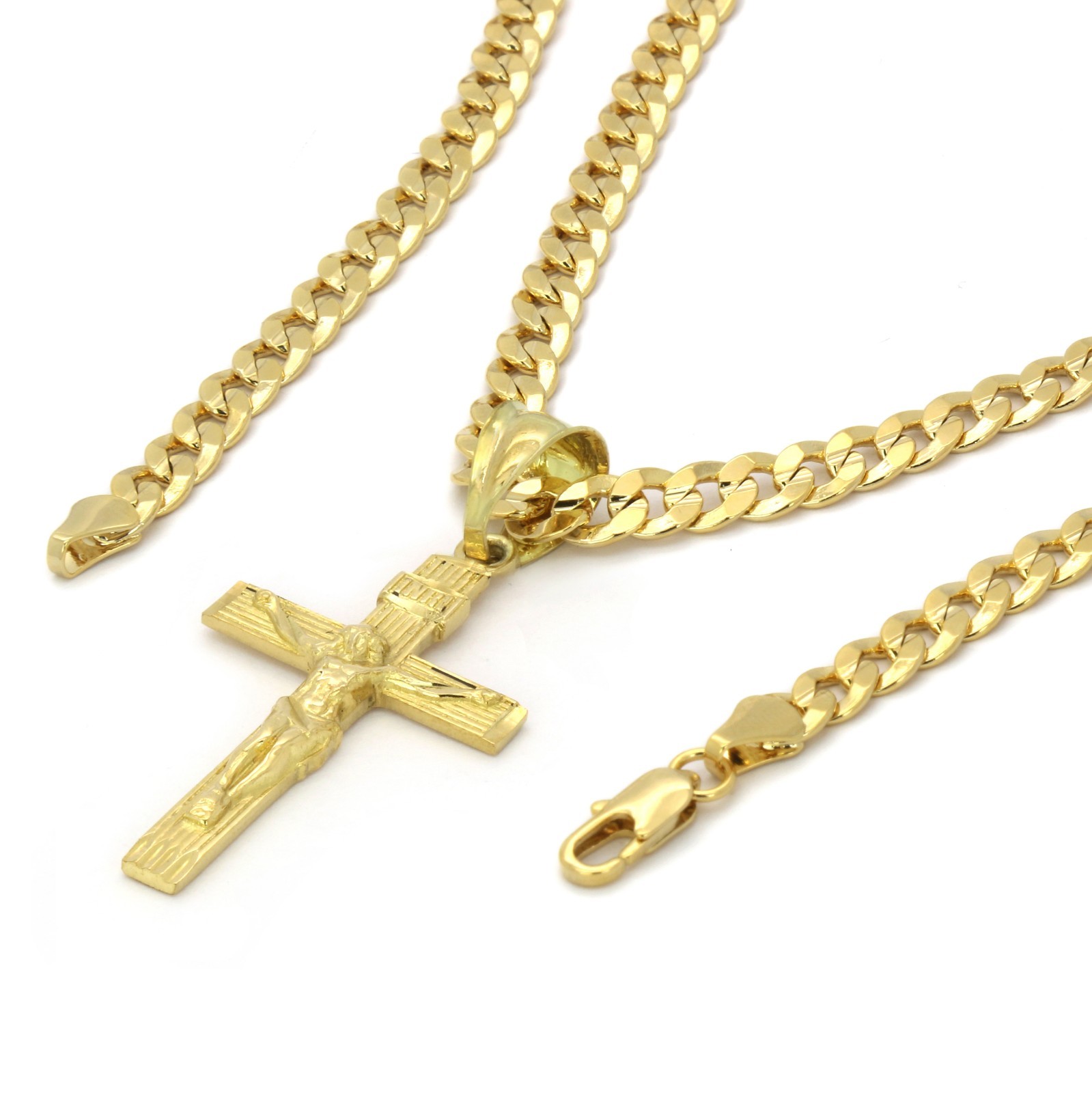 Mens 18k Gold Plated JESUS CROSS Hip-Hop Pendant 6mm Cuban Chain Necklace (S-4)