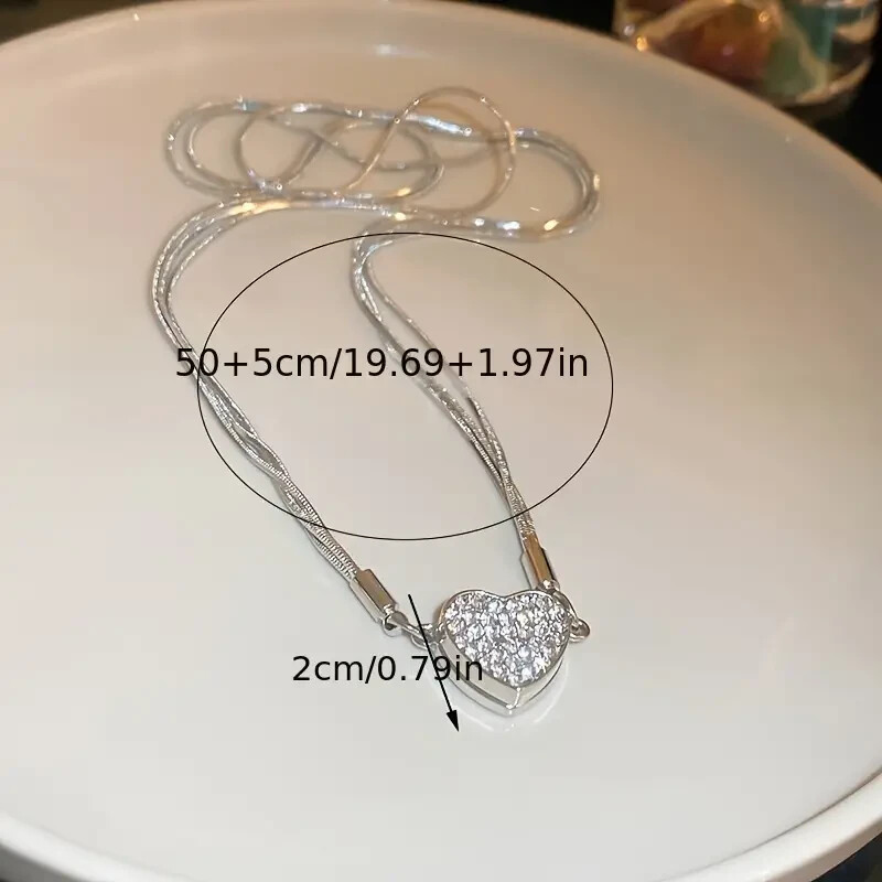 Magnetic 3 Layer Love Heart Shape Rhinestone Silvery Necklace Women Fashion Gift