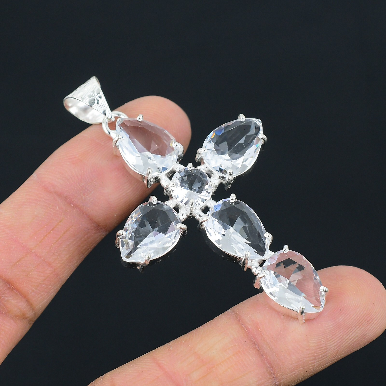 White Topaz Ethnic Handmade Cross Design Pendant Jewelry Party Wear 2.6″ CP 004