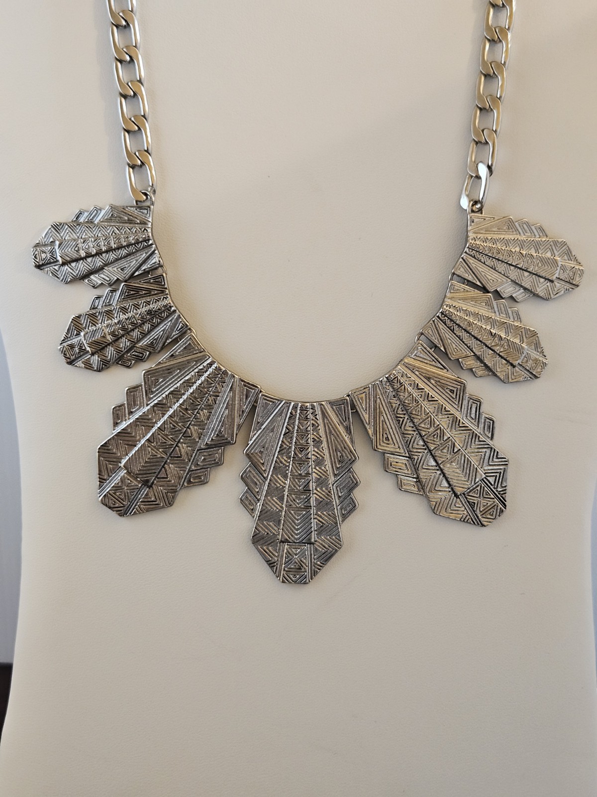 Silver Tone Art Deco Geometric Statement Bib Necklace Curb Chain Adj 18-21 Inch