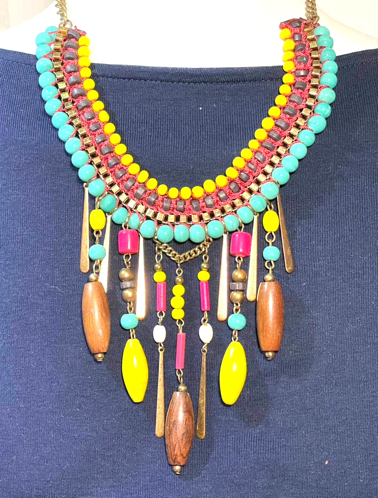 Boho Ethnic Statement Dangle Necklace Fringe Artsy Beachy Bright Multicolor VTG
