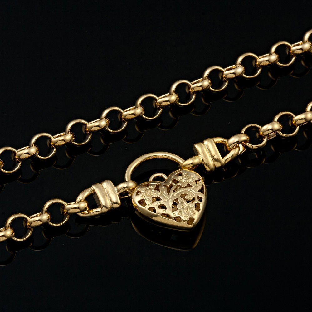 18K GL Solid Belcher Yellow Gold Necklace with Filigree Heart Padlock