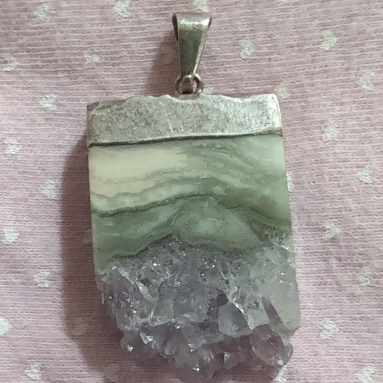 Silver Tone Quartz Druzy Pendant Green White Purple