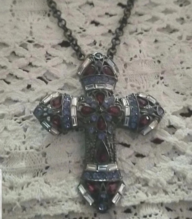 Large Cross Necklace, Black & Purple Medallion Pendent On A 48″station Chain