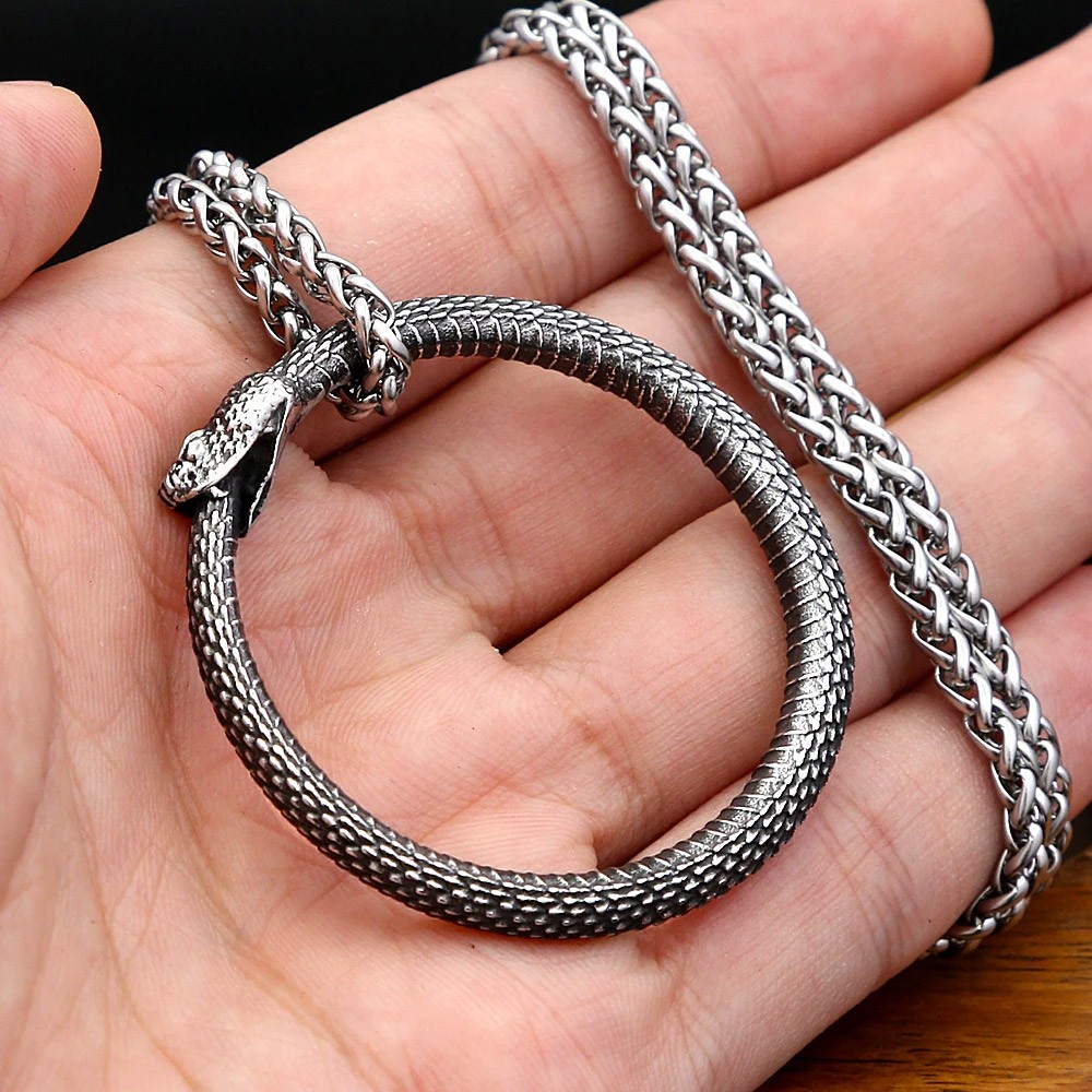 Gothic Snake Ouroboros Pendant Necklace Punk Stainless Steel Rope Chain Necklace