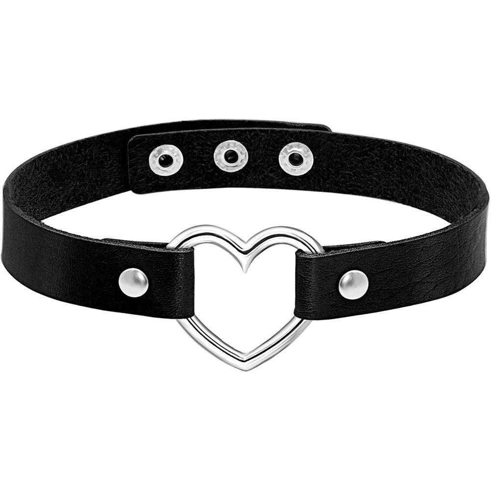 Leather Heart Choker Collar Punk Goth Adjustable Rivet Necklace Love O-Ring