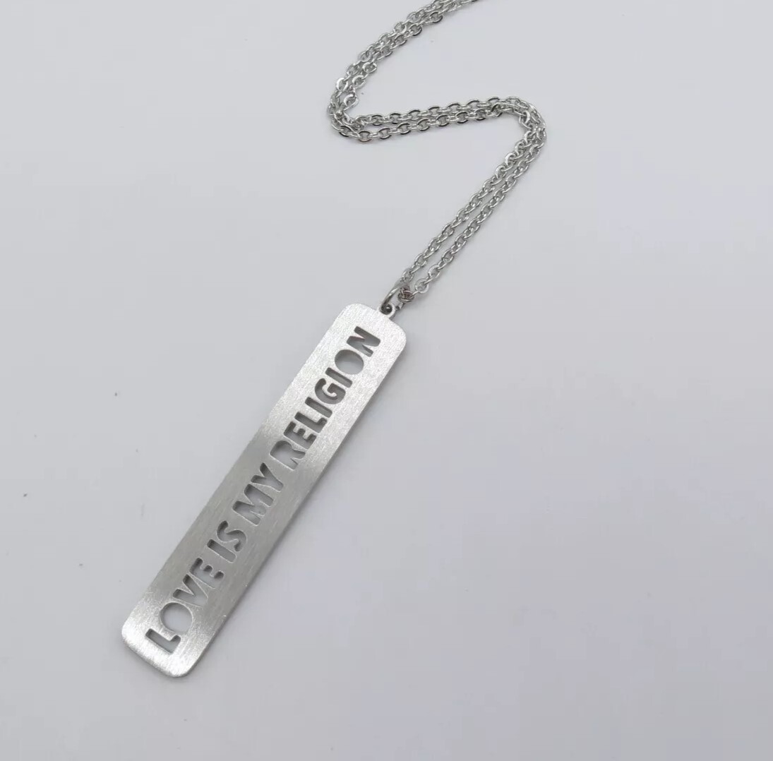 Love is My Religion Bar Pendant Necklace Silver Tone Everyday Jewel 28″