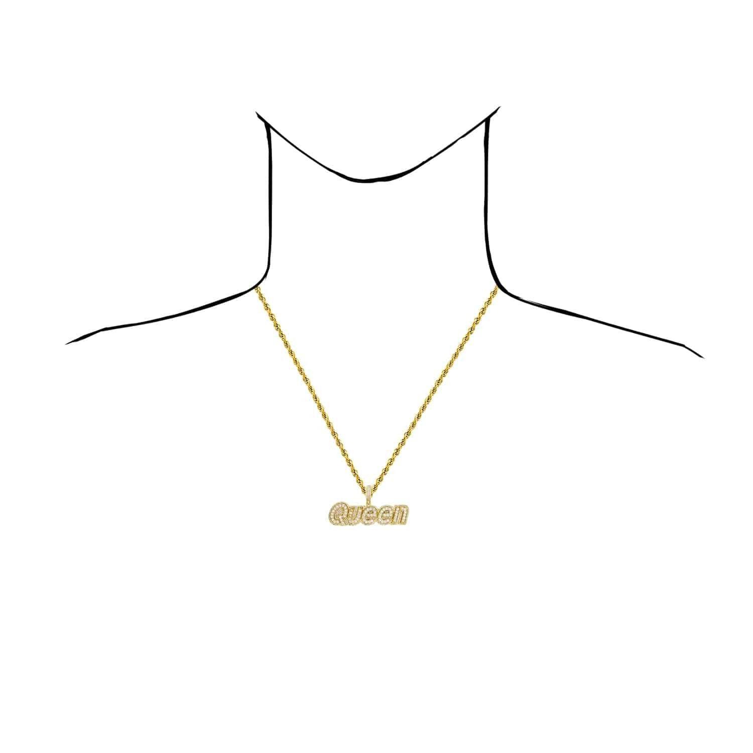 18K Yellow Gold Over Silver CZ Pave QUEEN Charm Pendant
