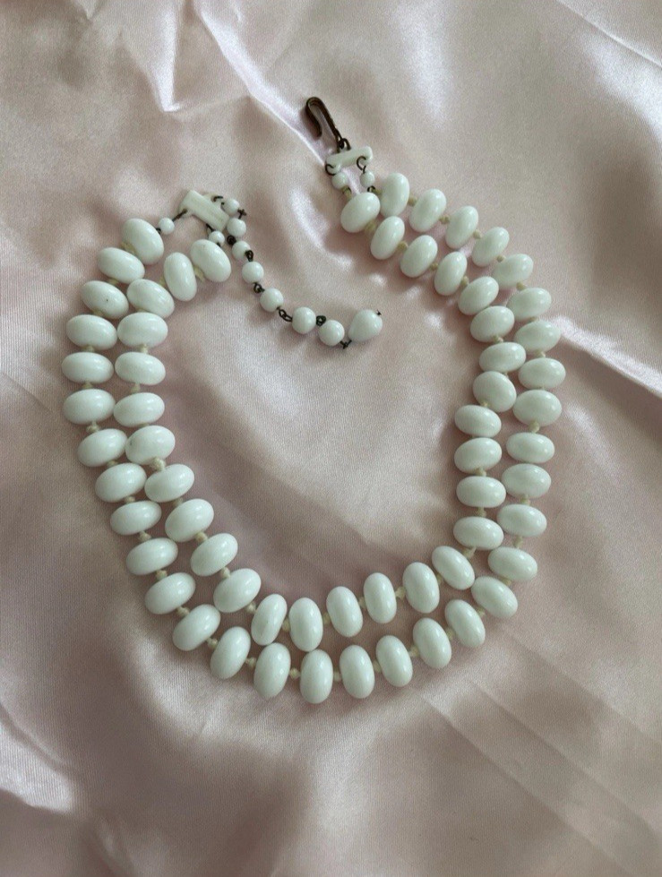 Vintage Germany White Glass Double Strand Choker Style with 3” Extender