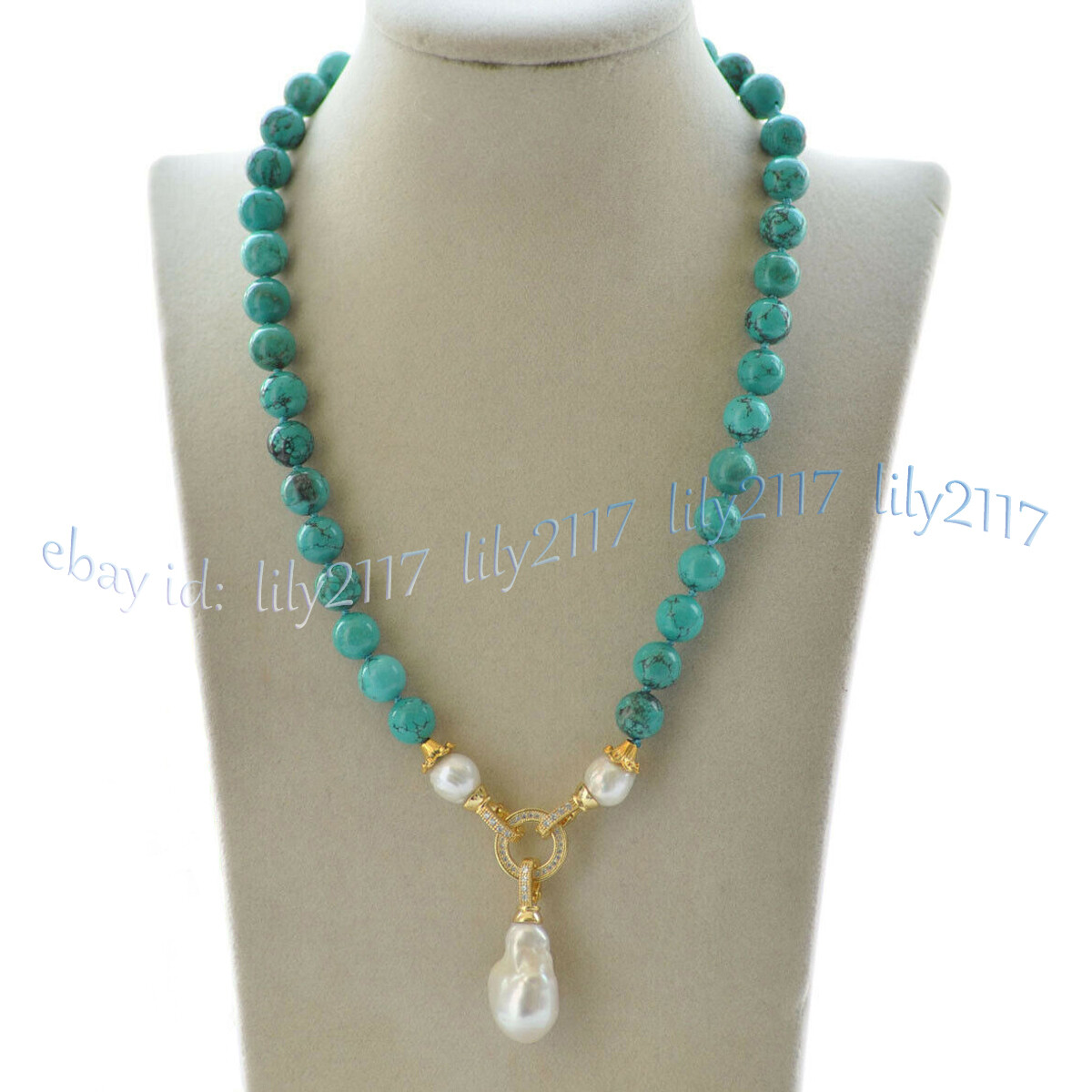 Natural Green Turquoise Gems Beaded White Keshi Baroque Pearl Pendant Necklace