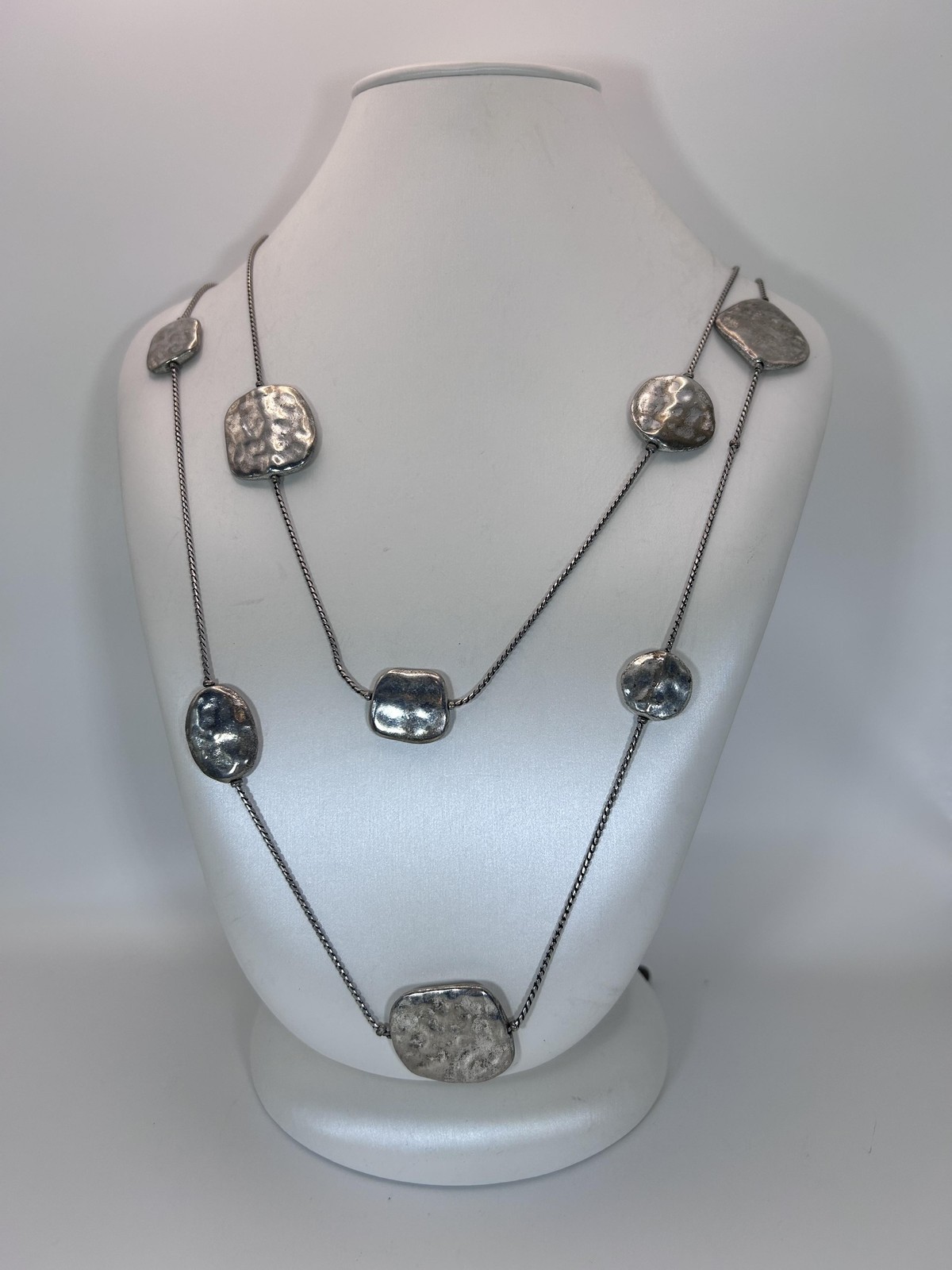 Chico’s Necklace Silver Layered Hammered Nugget Station Long 36 In