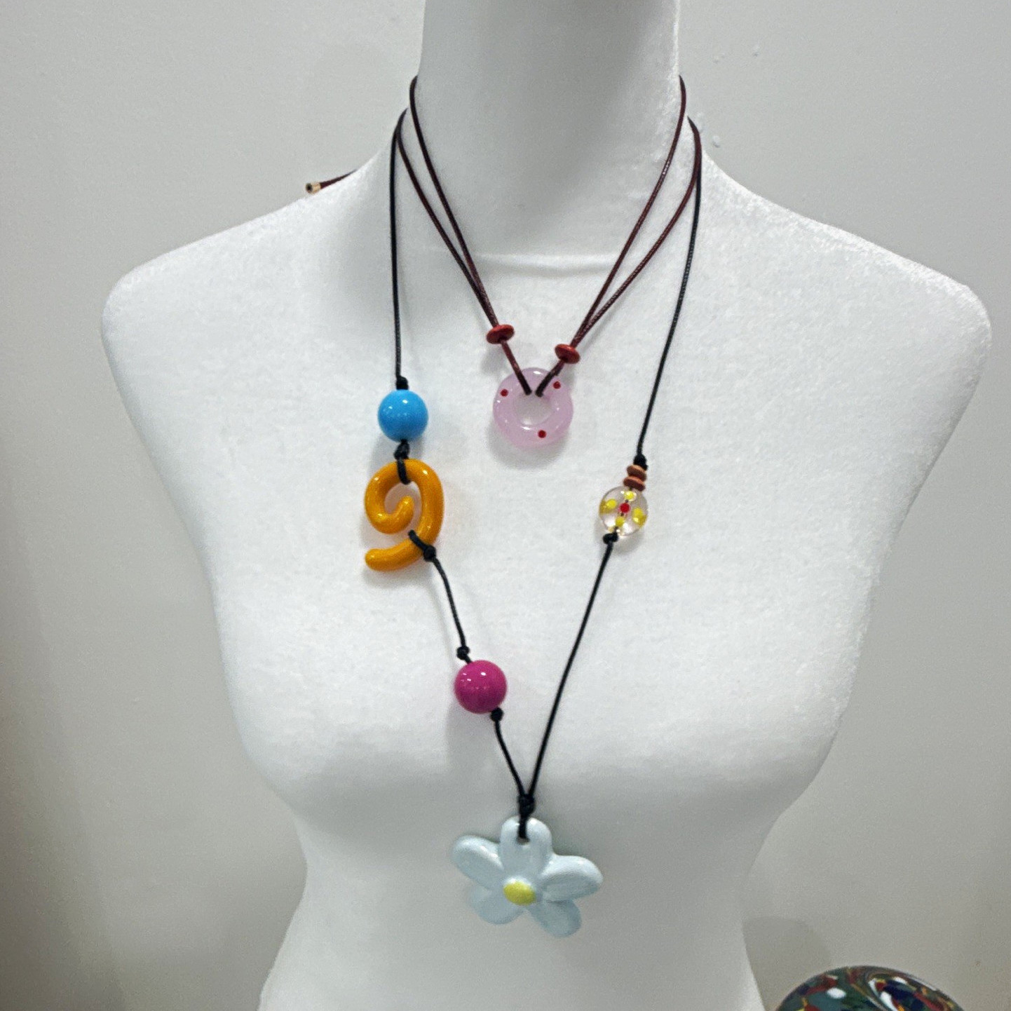 Multicolor Glass Beaded Necklace Flower Charm Pendant Cord Tie Adjustable