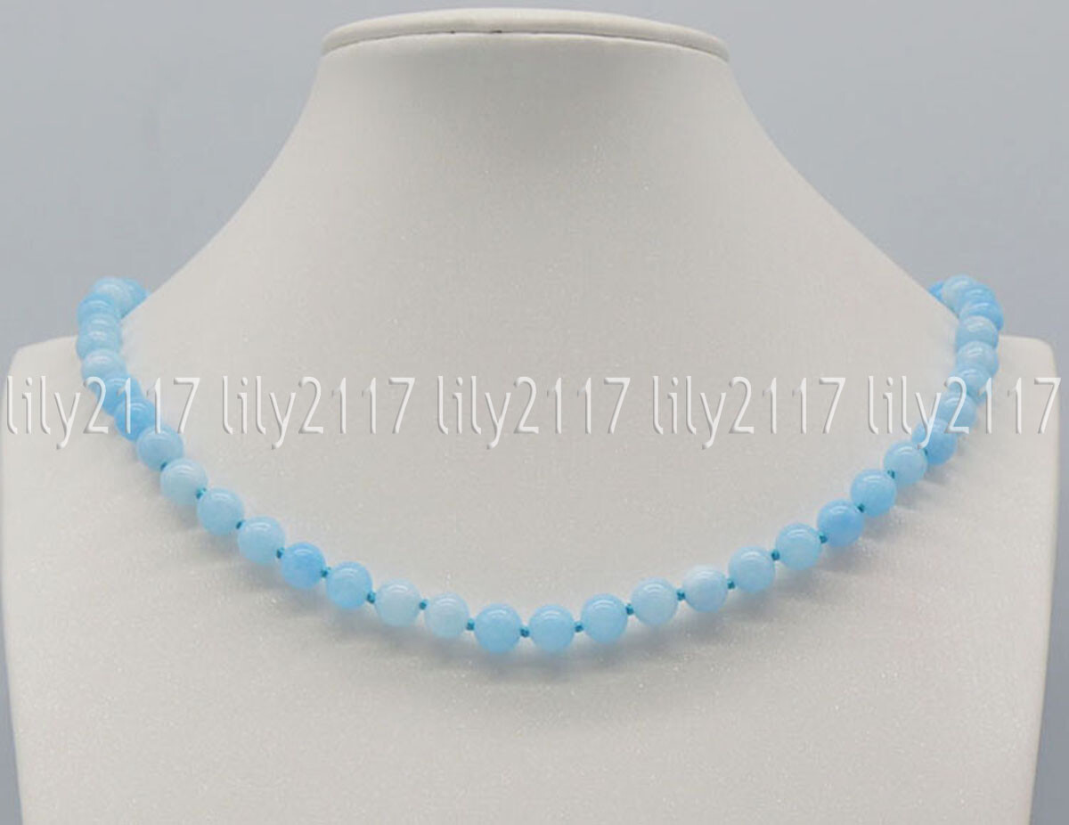 Pretty Natural 8/10mm Blue Aquamarine Gemstone Round Beads Necklace 16-36” AAA