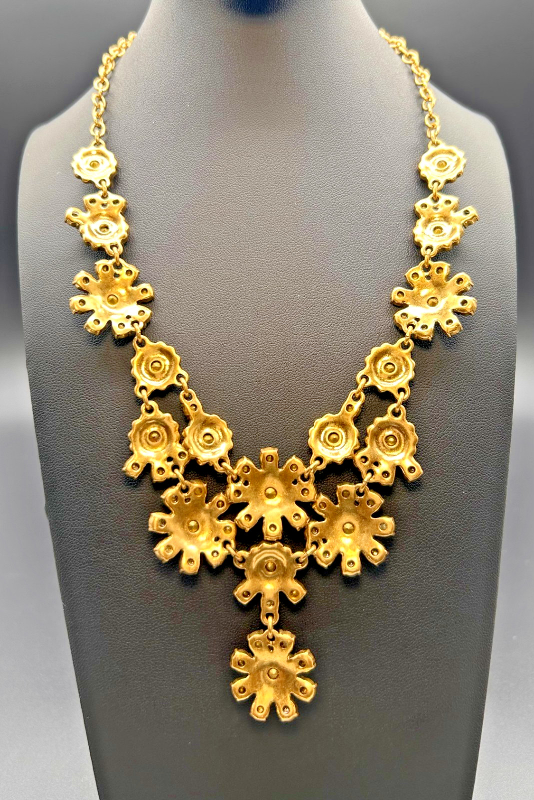 J Crew Crystal Flower Statement Necklace Gold Tone Rhinestone Floral Bib Signed