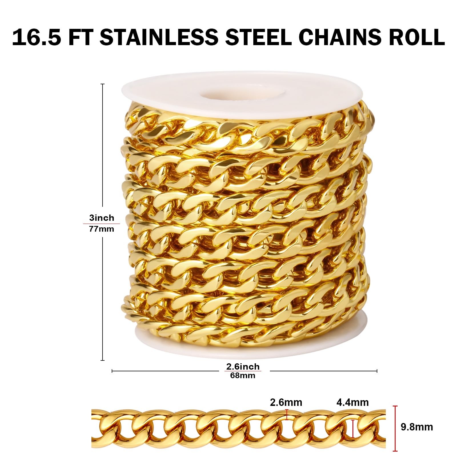 [16.5 FT] 18K Gold Plated Curb Chain for Jewelry Making, 9.8Mm Wide 304 Stainles