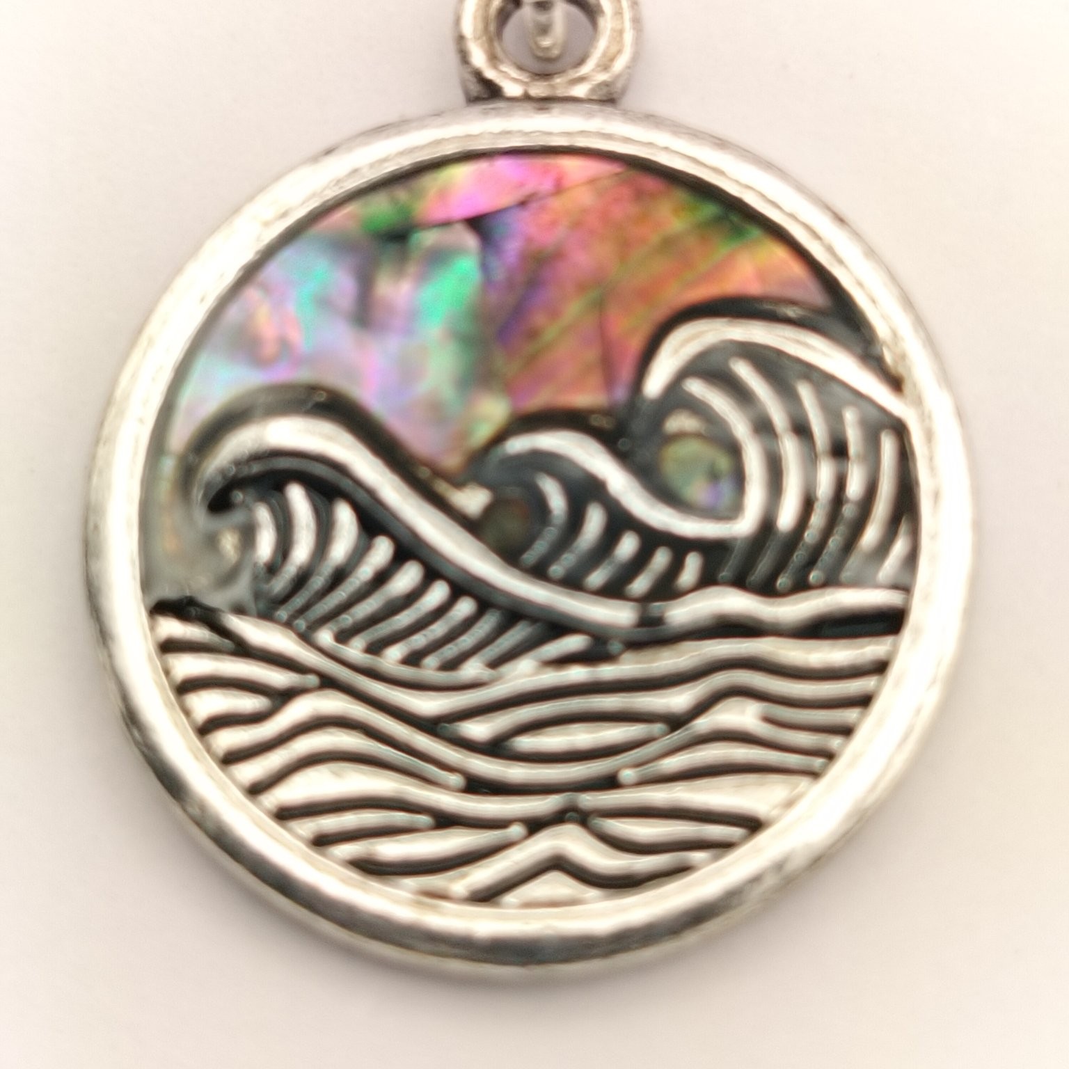 Ocean Wave Pendant Charm ~22mm Abalone Inlay Silver Tone Nautical Beach Surf